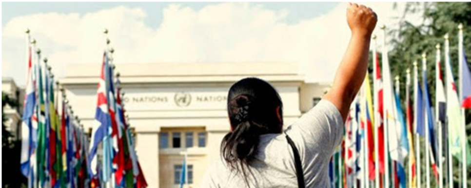 Eine Person von hinten hält ihre rechte Faust in die höhe und steht vor einem Gebäude und vielen unterschiedlichen Länderflaggen