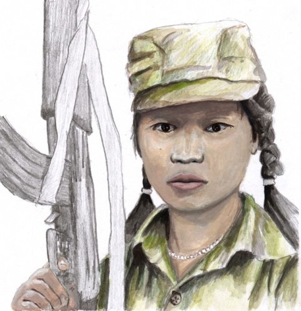 Illustration einer Kindersoldatin mit Gewehr in der Hand.