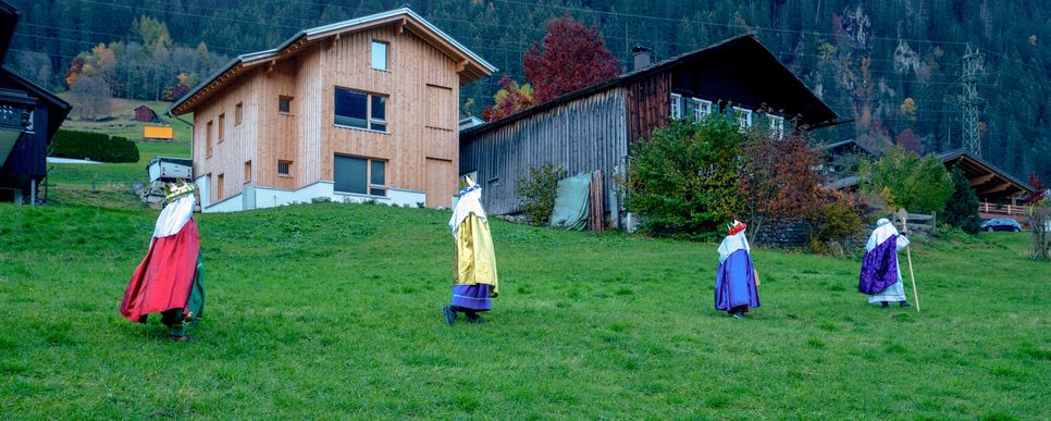 Sternsinger/innen gehen an Häuser vorbei, Foto: Furxer Kinder gehen hintereinander als Königinnen und Könige verkleidet im Gras an Häuser vorbei.