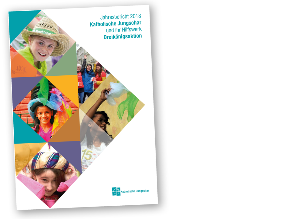 Oberseite des Jahresberichts mit bunten Dreiecken und Kindern