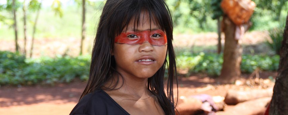 Junge Frau mit Bemalung im Gesicht vom indigenen Volk der Guarani-Kaiowa aus Mato Grosso, Brasilien