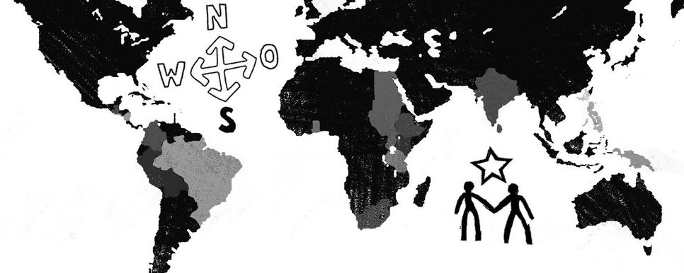 Eine Welt Weltkarte in Graustufen mit händehaltende Figuren und einem kleinen Stern