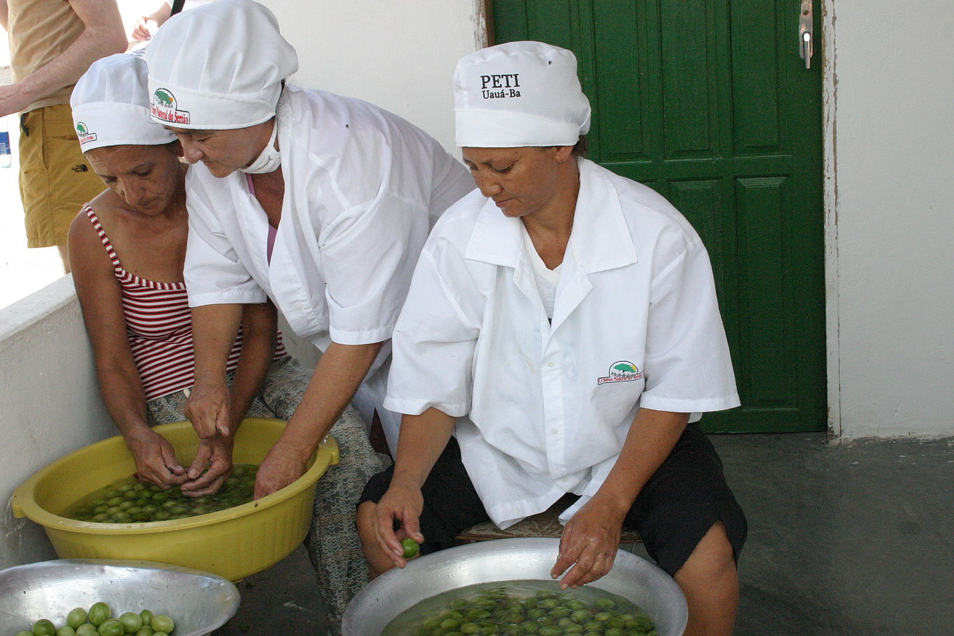Drei Frauen mit Kochhauben waschen in Schüsseln den Ernteertrag.